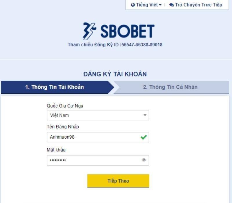 Nhập thông tin đăng ký vào SBOBET